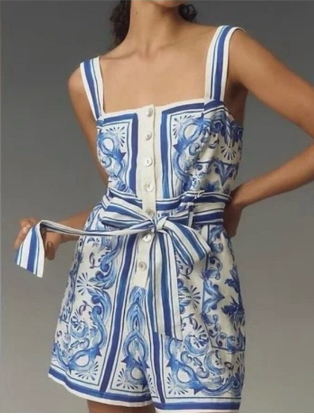Farm Rio Blue & White Floral Smocked Romper with Striped Tie